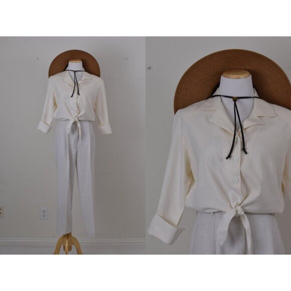 Vintage‎ 80s Linen-Rayon Front Tie Blouse size 8 - Picture 1 of 9